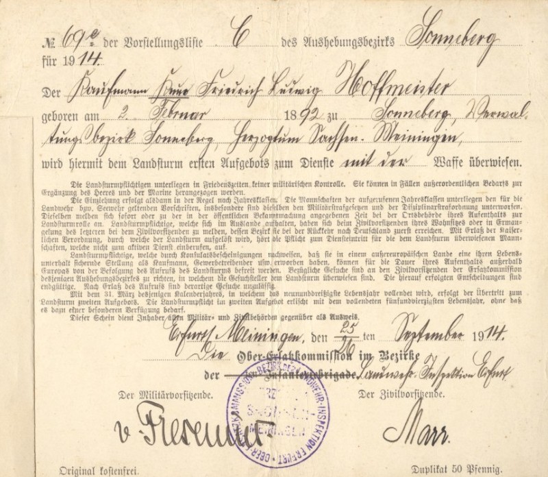 Landsturmschein Rückseite